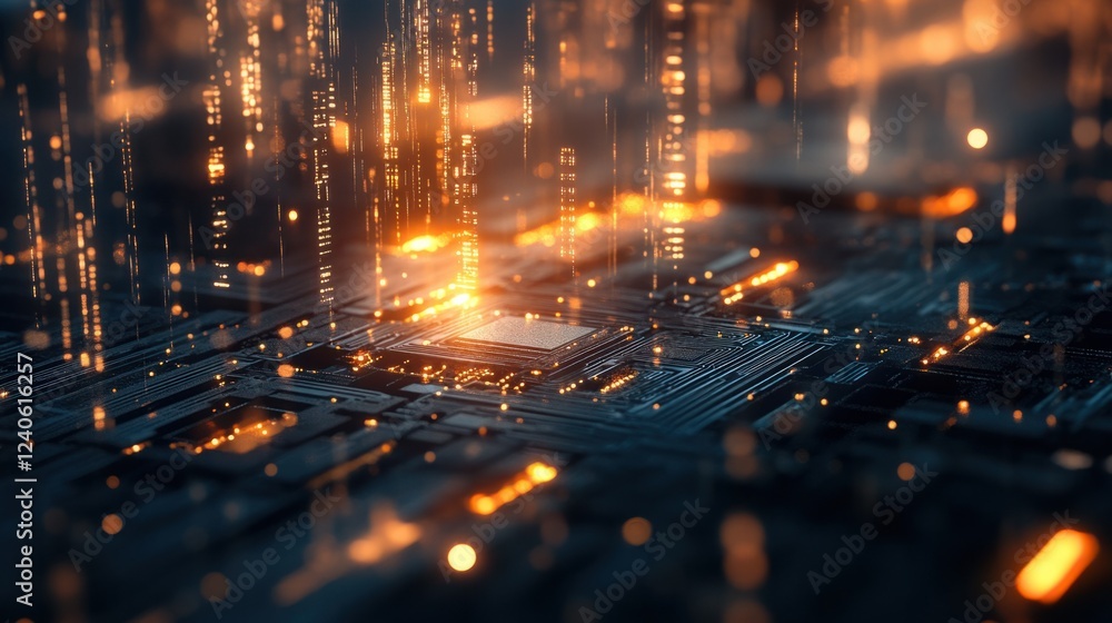 Poster 3d rendering of a microprocessor chip with futuristic lighting effects, digital innovation