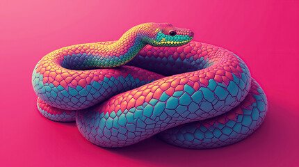Fototapeta premium Abstract art featuring a vibrant snake design on a bright pink background.