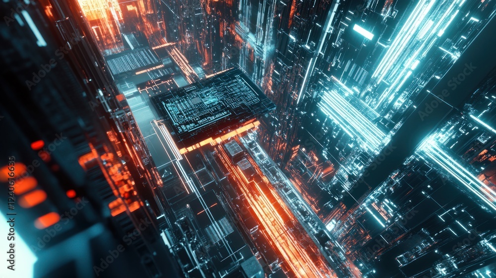 Poster 3d rendering of a microprocessor chip with futuristic lighting effects, digital innovation