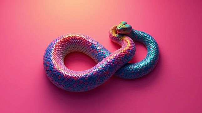 Abstract art featuring a vibrant snake design on a bright pink background.