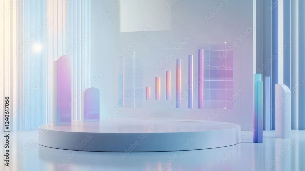 Poster abstract 3d financial report interface with floating bar charts on a white panel
