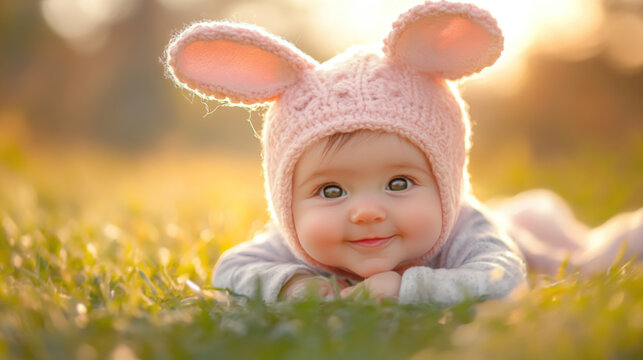 Close up of funny baby girl wearing rabitt ears, lying on the grass outdoor