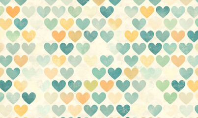 A whimsical pattern featuring hearts in soft colors, including teal, yellow, and green, set against a light background.