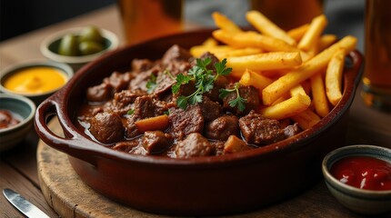 Fototapeta premium Hearty Belgian stoofvlees served with crispy fries and refreshing drinks