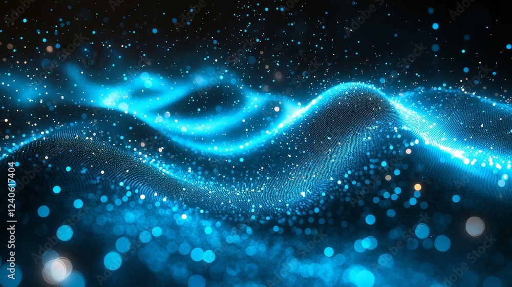 Poster a dynamic wave adorns a futuristic green dots background to depict abstract technology flow in a 3d 