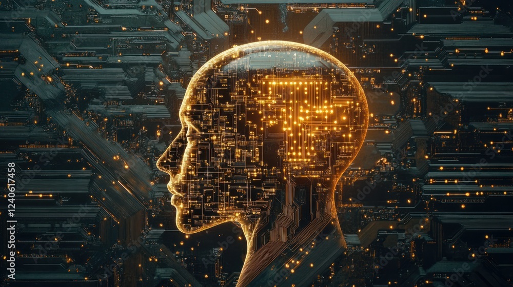Poster artificial intelligence chip on a circuit board, representing machine learning and future technology