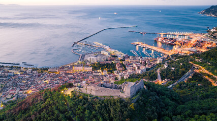 Aerial view of beautiful coastal city of Salerno with marina and hills, Salerno, Italy.