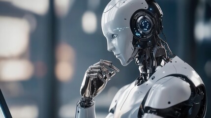 Fototapeta premium Futuristic humanoid robot contemplating technology in modern setting