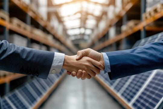 Successful Partnership:  A handshake symbolizes a strong business agreement in a warehouse filled with solar panels, representing sustainable energy and growth.