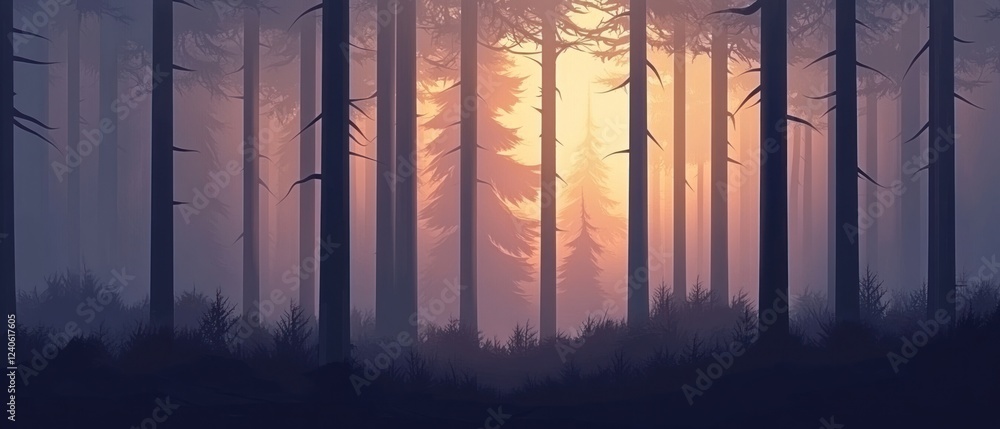 Poster misty forest at dawn with soft light filtering through trees