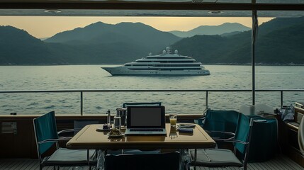 Fototapeta premium Yacht with scenic view, desk set for work, leisure