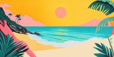 Tropical Beach Sunset Scene With Palm Trees