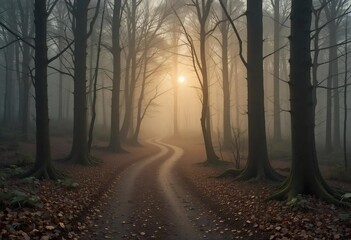 Obraz premium A sunbeam cutting through a misty forest, creating a magical and ethereal atmosphere. Perfect for fantasy, nature, and mystical themes.