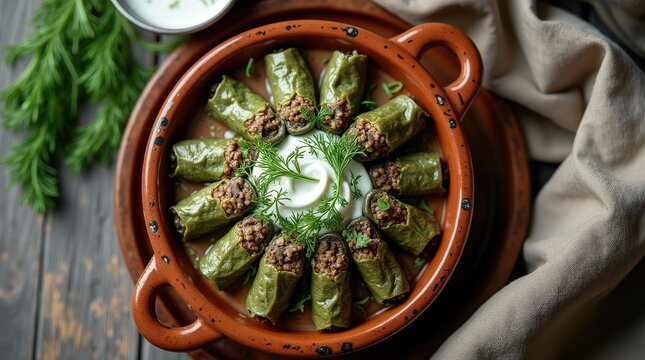 Traditional Bulgarian sarmi on a rustic table with fresh ingredients