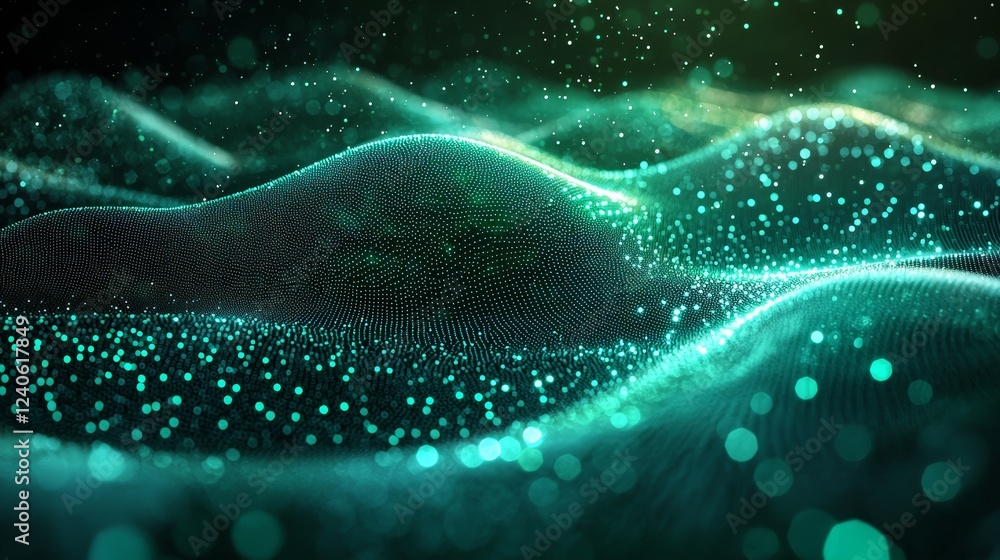 Poster abstract green futuristic background. big data visualization. dynamic digital wave of particles. 3d 