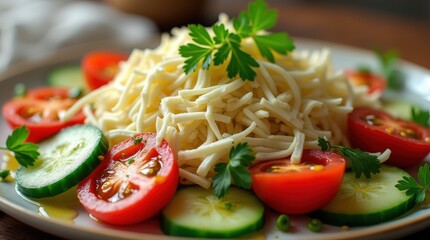 Colorful Shopska salad with fresh vegetables and cheese from Bulgaria