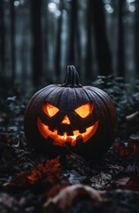 Fototapeta premium Halloween pumpkin with glowing eyes against the moonlight in a forest