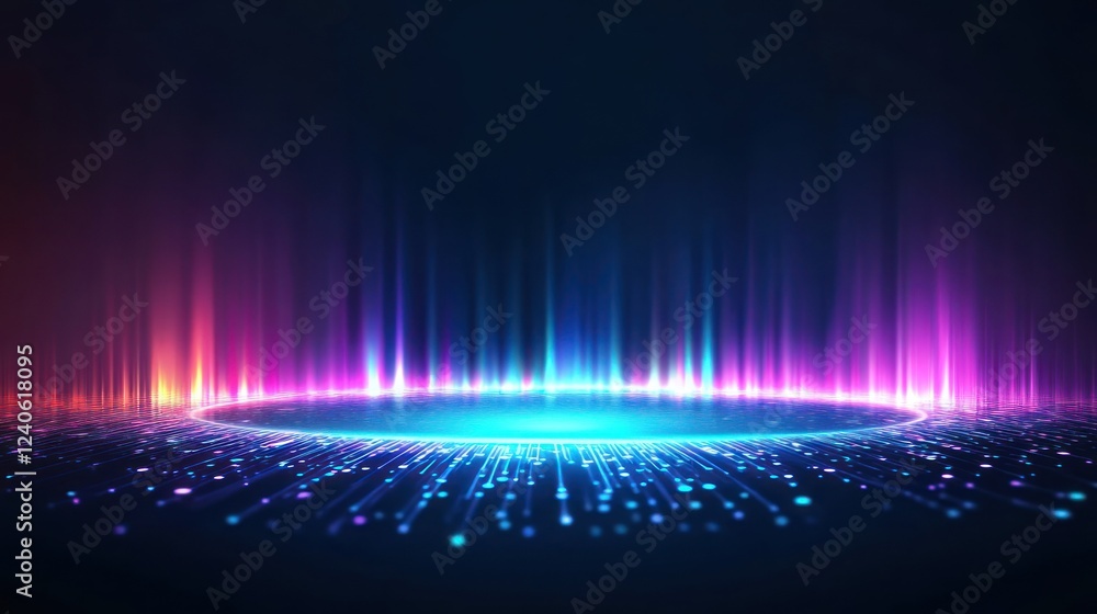 Poster vibrant light display with colorful rays in dark background