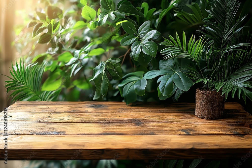 Poster with an empty wood table top and a slightly blurred green tree in the park garden background - great