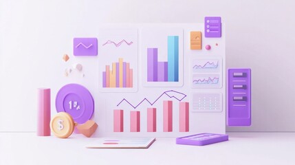 Business intelligence dashboard with 3D bar graphs and financial statistics on white