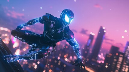 Naklejka premium Futuristic Hero in High-Tech Suit Surging Over Urban Skyline at Night