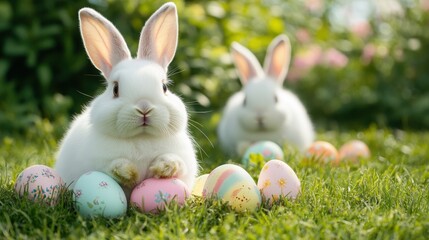 Fototapeta premium Cute Rabbits with Colorful Easter Eggs in a Lush Garden Setting
