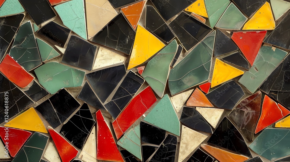 Poster an image of a mosaic made of colorful tiles. the tiles are arranged in a random pattern and the colo