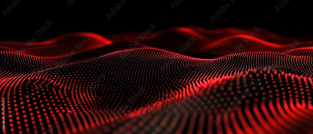 Poster abstract red wave patterns with glowing dots on a black background