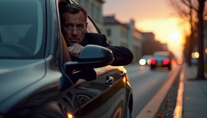 Man in Car at Sunset - City Reflection