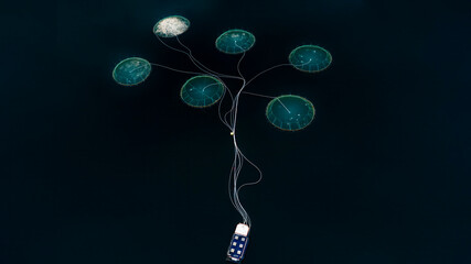 Aerial view of a modern fish farm with nets in the deep blue ocean, Senja Island, Lofoten, Norway.
