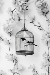 Minimalist collage of an open birdcage with flowers and geometric shapes on white