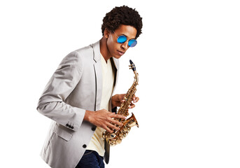 Naklejka premium Man, saxophone and music for concert practice performance, orchestra or jazz band festival. Male person, play instrument and skill learning creative audio show, isolated on transparent png background