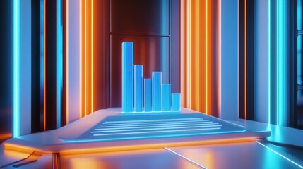 Fototapeta premium Glowing blue and orange 3D bar chart on a futuristic white dashboard panel