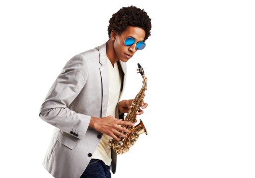 Man, saxophone and music for concert practice performance, orchestra or jazz band festival. Male person, play instrument and skill learning creative audio show, isolated on transparent png background