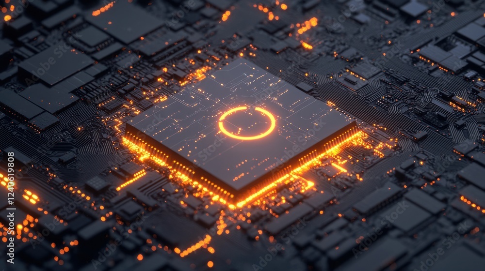 Poster glowing microchip on a complex motherboard, artificial intelligence and machine learning concept