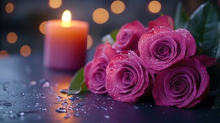 Fototapeta premium Romantic pink roses, candlelight, dark background, Valentine's Day