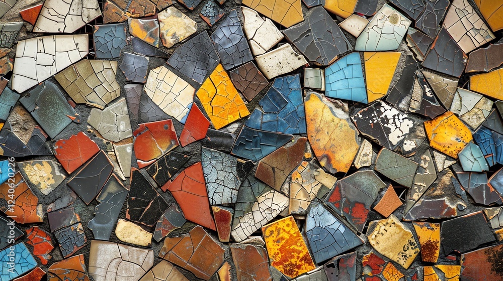 Poster a colorful mosaic of broken tiles creates a unique and interesting pattern.