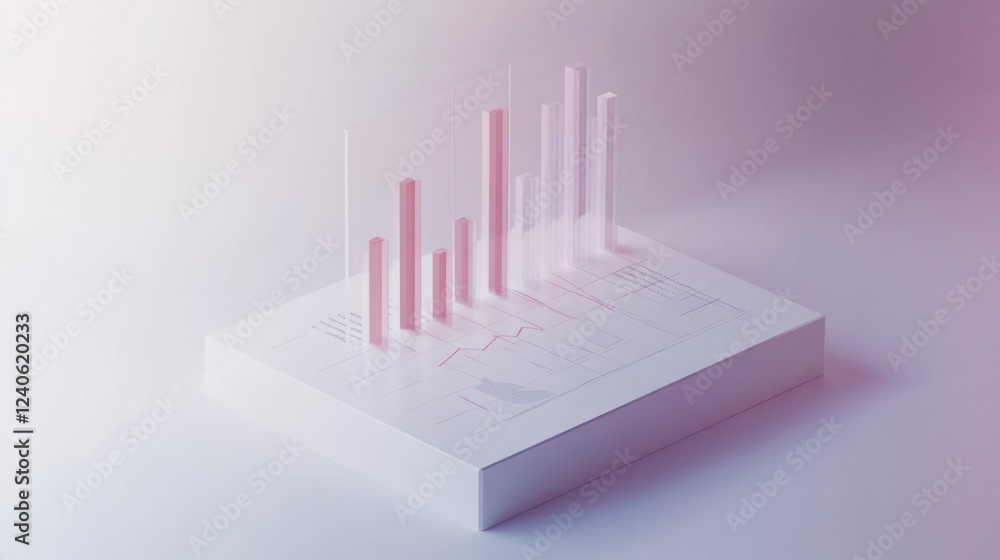 Poster isometric 3d rendering of business growth statistics displayed on a sleek white panel