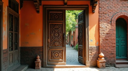 Traditional wooden door in historic Bengali house showcasing intricate designs