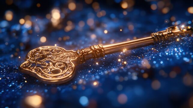 Elegant Golden Key on Sparkling Blue Background with Bokeh Effect