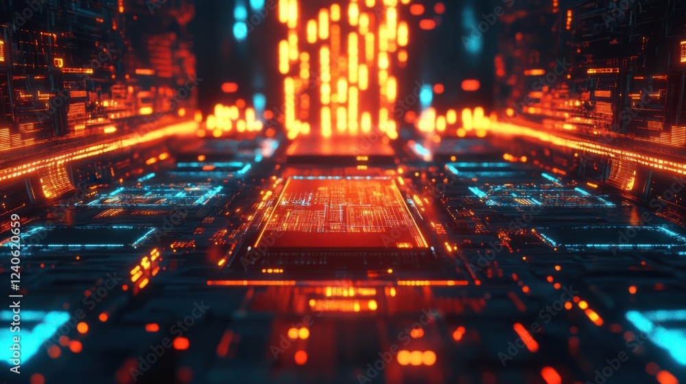 Aufkleber microchip on a circuit board with illuminated digital pathways, futuristic technology theme