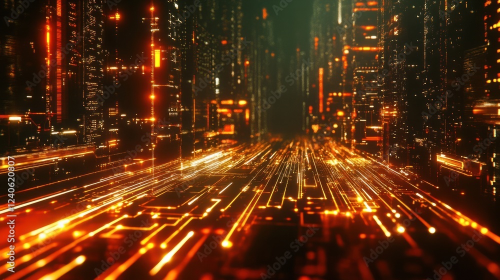 Poster microchip on a circuit board with illuminated digital pathways, futuristic technology theme