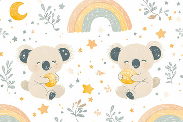 Adorable Koalas Hold Stars, Rainbow Dreams