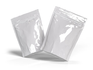 3D Realistic blank pouch plastic bag mockup with zipper isolated. Ziplock bag product containers...