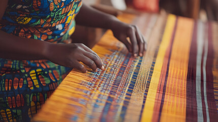 A Ghanaian kente weaver creating a ceremonial cloth with bold, intricate patterns.