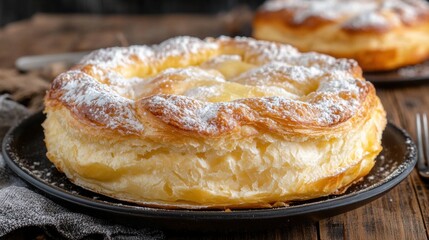 Flaky Pastry Dessert with Dusting of Powdered Sugar on Wooden Table