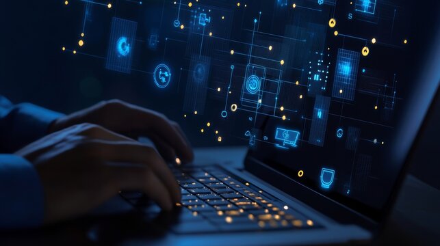 Businessman typing on laptop with floating checkmark and digital interface icons, close-up of hands working on keyboard with dark blue professional background.