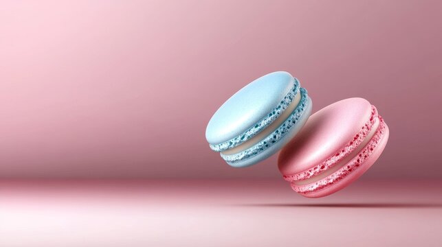 Floating pastel macarons against a pink background, ideal for food blogs or packaging design