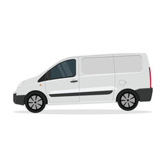 Vector illustration of white or silver van land vehicle in cartoon flat style. Cargo vehicle front, side and rear view. Silver delivery mini van isolated. Delivery Van Mockup for Advertising