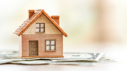 Small Model House on Dollar Bills Representing Real Estate Investment